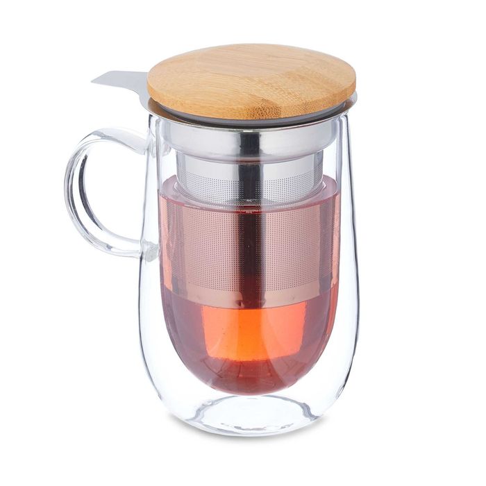 Cana din Sticla cu Infuzor si Capac din Bambus 430 ml cu Perete Dublu