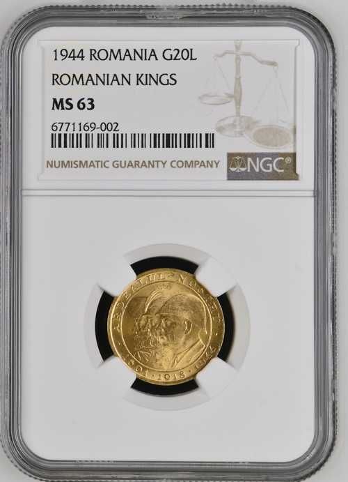 Moneda AUR 20 lei 1944 Ardealul Nostru MS64, MS63, MS62, AUTENTIFICATE