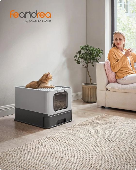 Literă pentu pisici cu capac, tava extensibilă, lopățică și perie, Gri