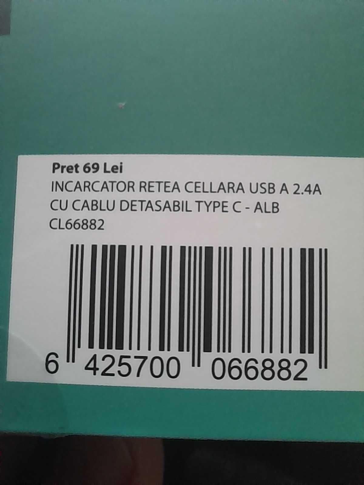 Incarcator retea CELLARA USB A 2.4A cu cablu detasabil Type C - Alb