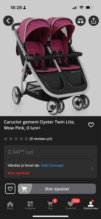 Carucior gemeni Oyster Twin Lite, Wow Pink, 0 luni+
