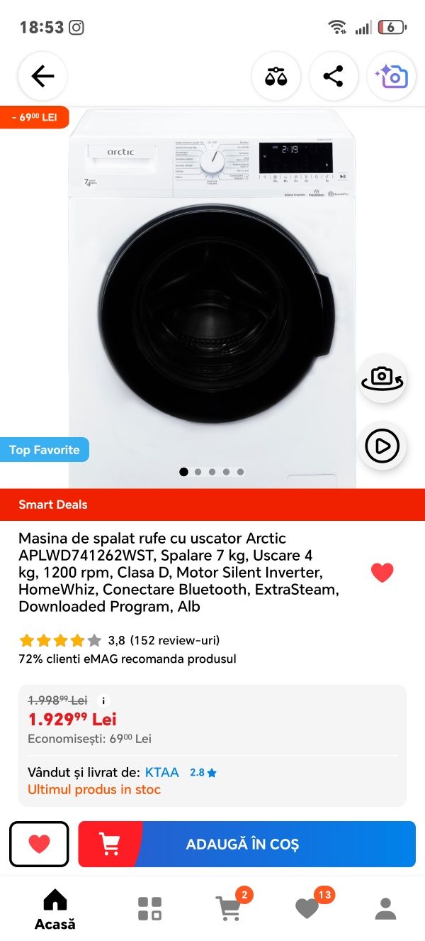 Mașină de spălat cu uscător ARCTIC - negociabil