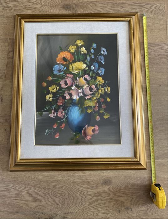 Tablou pictura ulei pe placaj buchet flori colorate (semnat)
