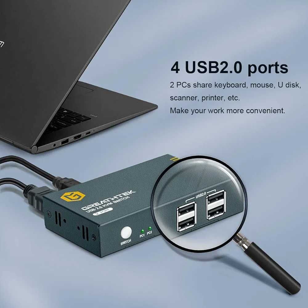 GREATHTEK HDMI KVM превключвател 2 порта, USB2.0, Ultra HD 4K KO30Hz,