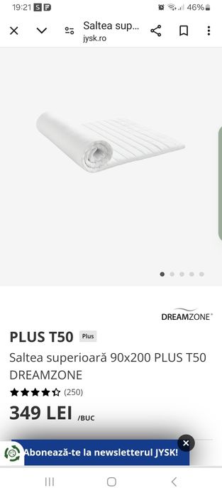 Saltea superioara (Topper) 90x200x4 cm  PLUS T50 DREAMZONE, JYSK