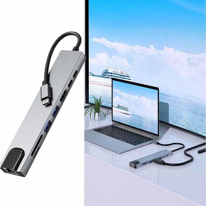 USB-C HUB адаптер 8 в 1 – HDMI, 2×USB, 2×USB-C, RJ45, SD/TF