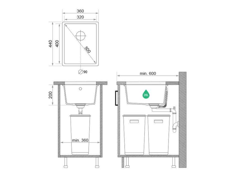 Графитна кухненска мивка за вграждане под плот Венеция 50 XL 460x440 м