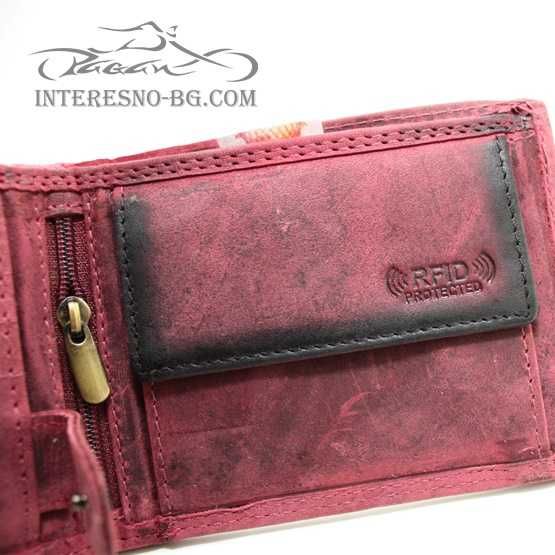 Рокерски портфейл от естествена кожа SKULL (red)