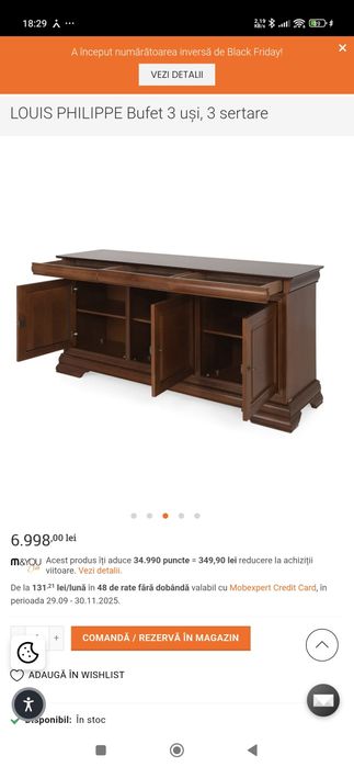 Comoda Bufet LOUIS PHILIPPE Mobexpert, 3 uși, Lemn Masiv Fag, Cires