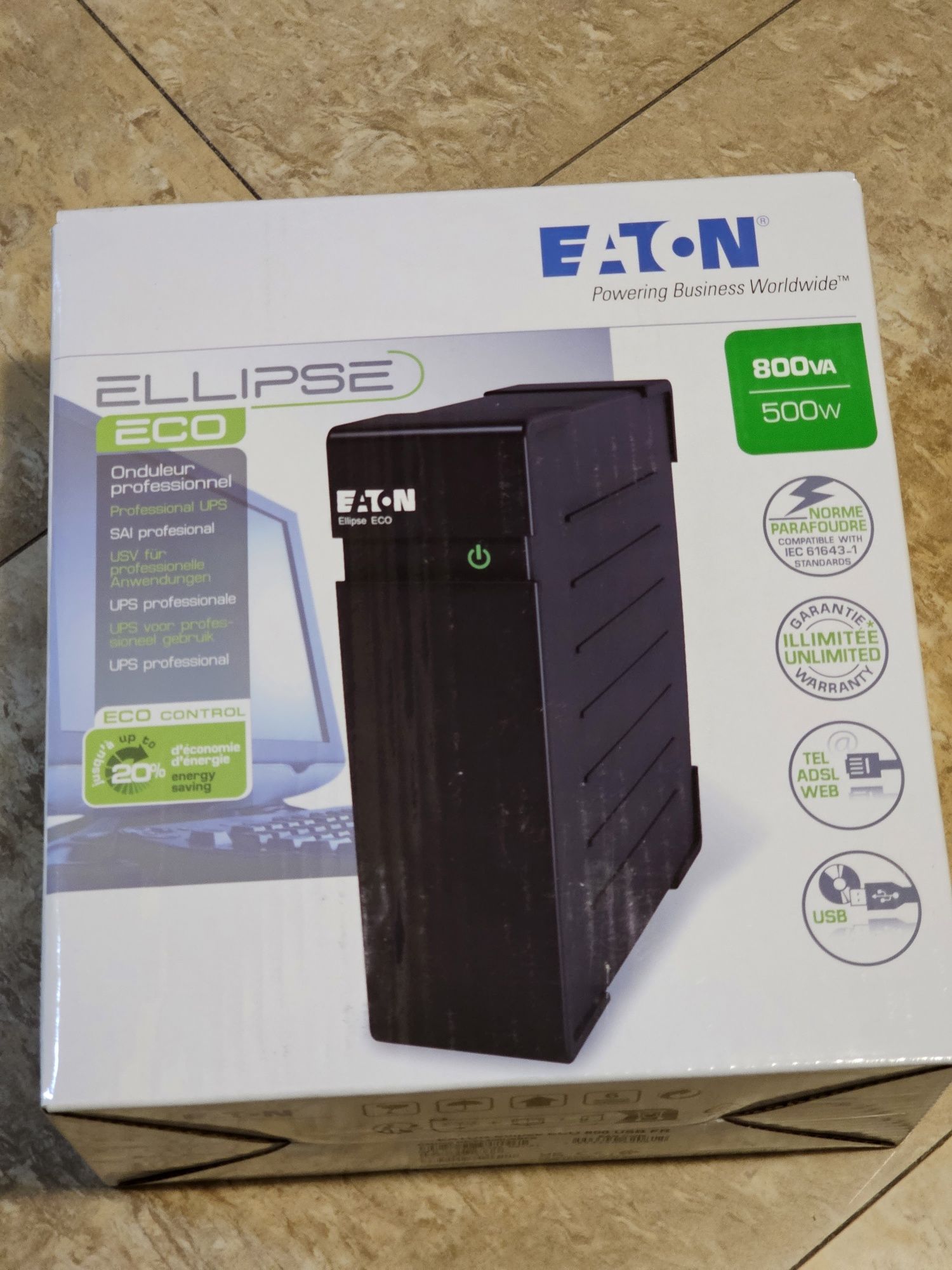 UPS Eaton Ellipse ECO 800, 500W/800VA, 230V, USB, LCD, Negru (sigilat)