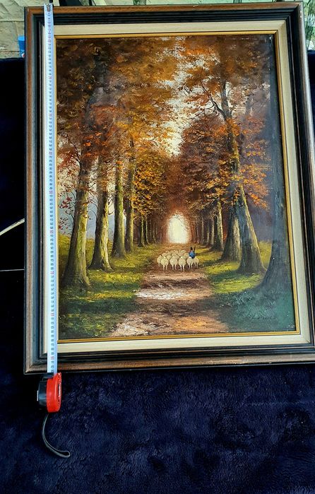 Vând tablou pictura in ulei pe pânză peisaj țărănesc cioban cu oi semn