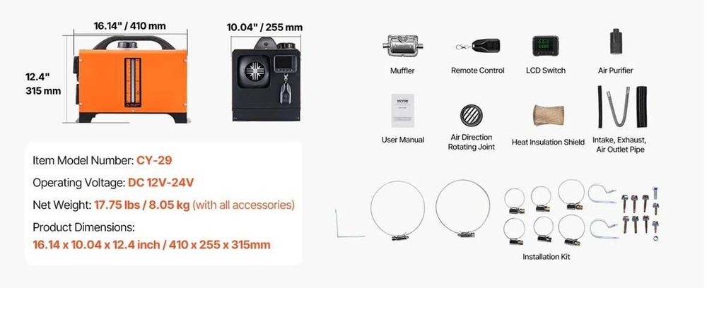 Incalzitor diesel VEVOR 8kW DC12V cu telecomanda,anunt vocal.