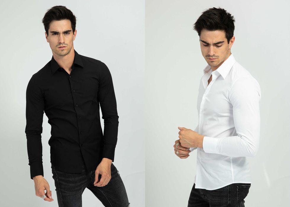 Camasa cu maneci lungi, eleganta, elastica, slim fit, Alb/Negru