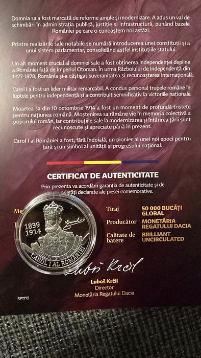 Moneda Carol I cu certificat