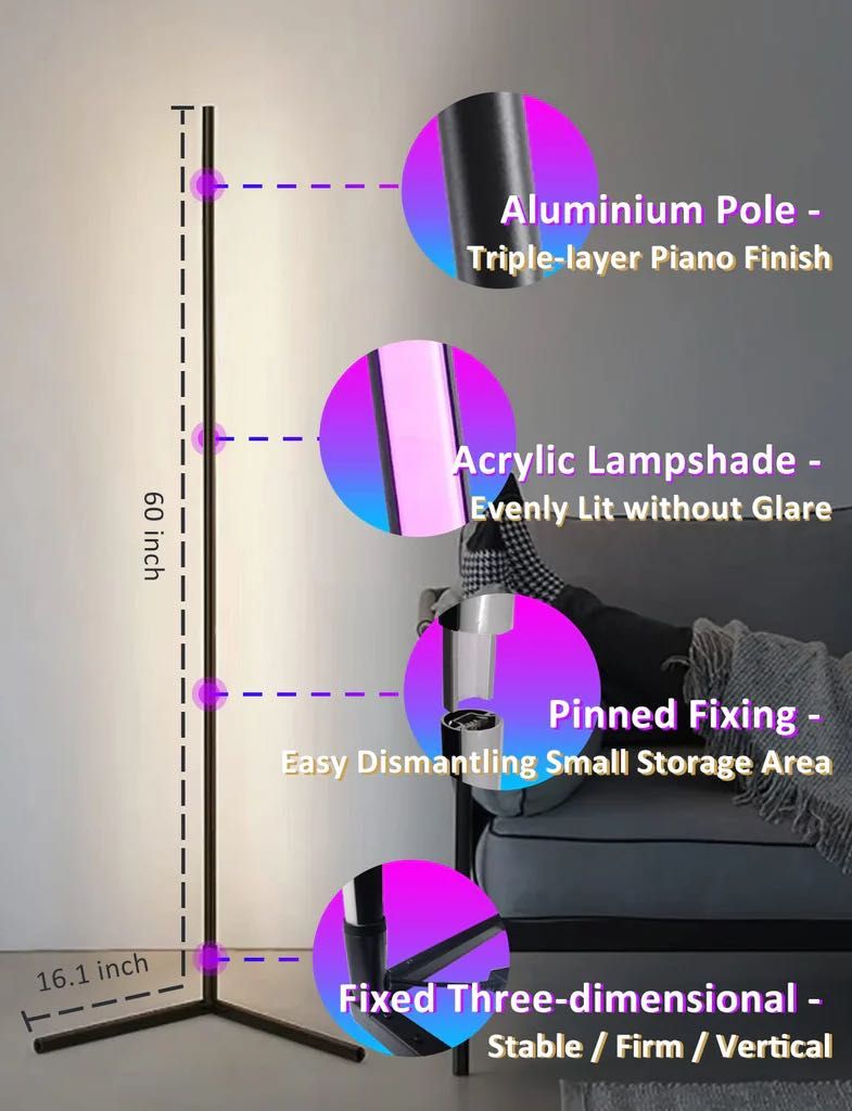 Lampa de colt RGB cu telecomanda Smart, 153 cm, sincronizare muzica