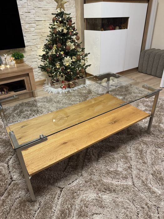 Холна маса закалено стъкло и плот естествено дърво