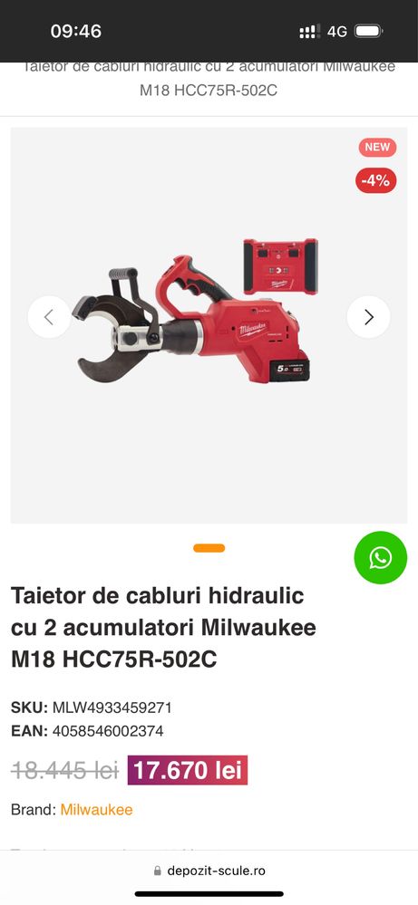 Taietor de cabluri hidraulic Milwaukee M18 HCC75R-502C