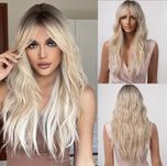 Peruca T28 Blonda Ombre Gri Blond platinat Breton Ondulata Suvite