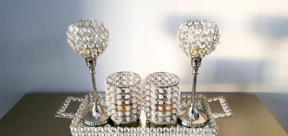 Tavă/pahare  decorative din inox, oglindă și sticlă