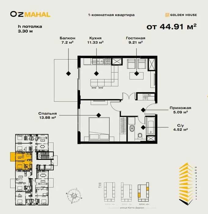 ДАРХАН OzMahal 2-ком СТУДИЯ 45м2 WhiteBox 5-этаж дом СДАН Golden House
