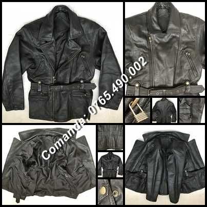 Geaca neagra barbati piele naturala 5 buzunare rock moto chopper biker