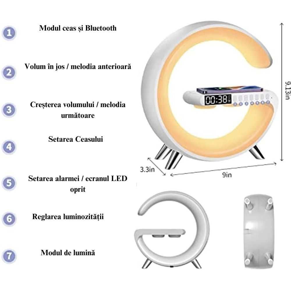 Incarcator wireless, 9 in 1 Functii, Cu ceas, Lampa smart, Alarma etc