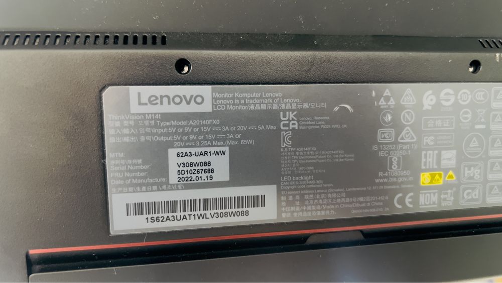 Lenovo ThinkVision 14" IPS LED монитор, Full HD, USB Type-C, черен