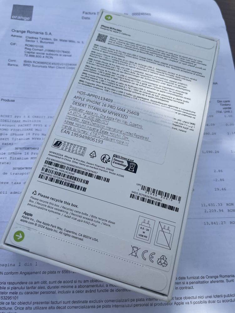 iPhone 16 Pro Max 256GB Desert Titanium Sigilat Factura Garantie Nou