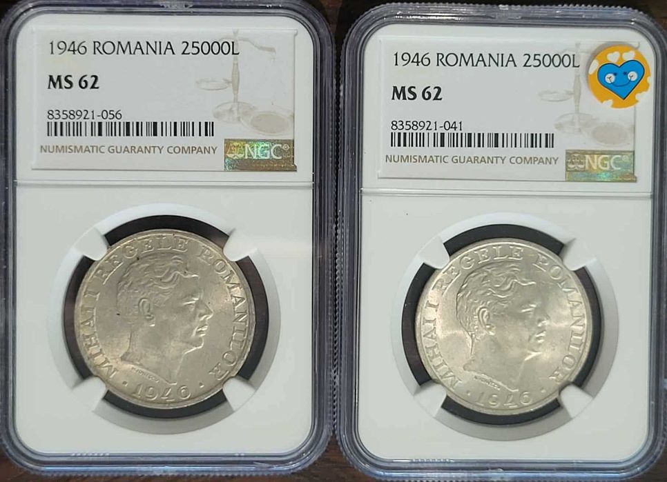 2 x 25000 Lei 1946 - monede gradate MS 62 - FUM "L" / Linie Spada