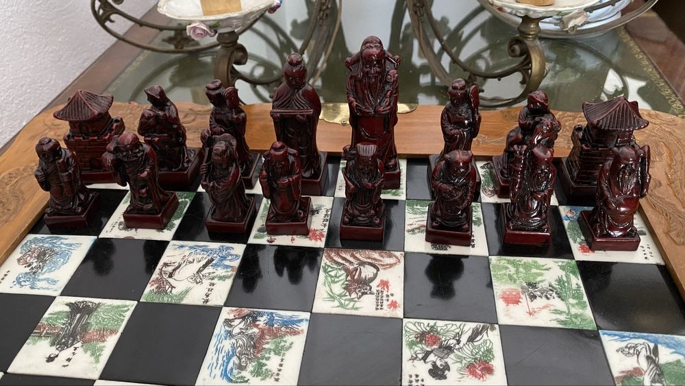 Sah Lemn Masiv Piese Piatra Steatit Vintage