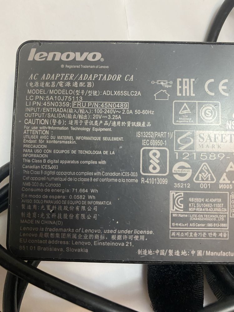 Incarcator travel orig. Lenovo ADLX65SLC2A mufa galbena USB 20V 3,25A