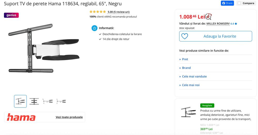 Suport TV de perete Hama 118634, reglabil, 65", Negru, nou nefolosit