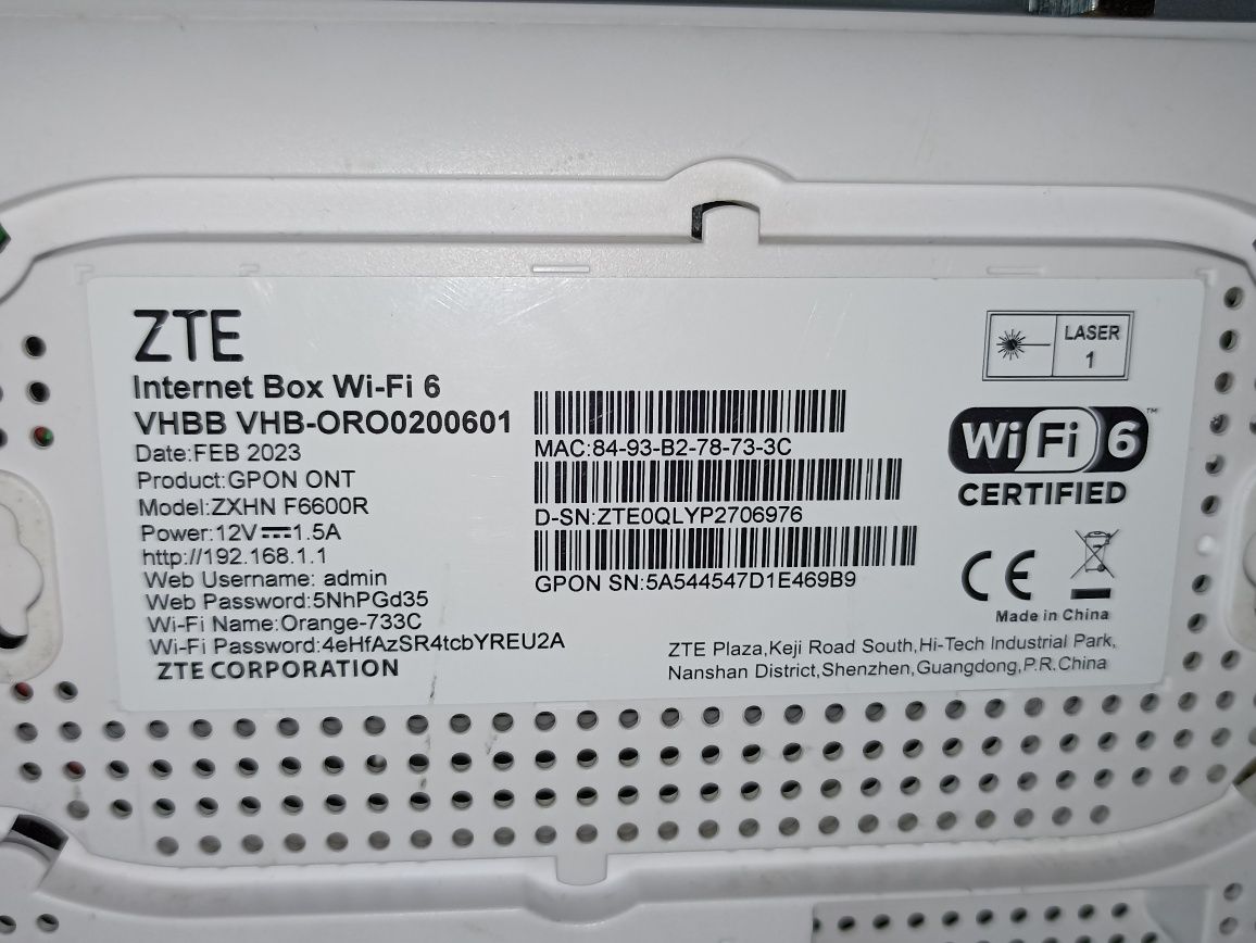 Router wi-fi 6 zte zxhn f6600r