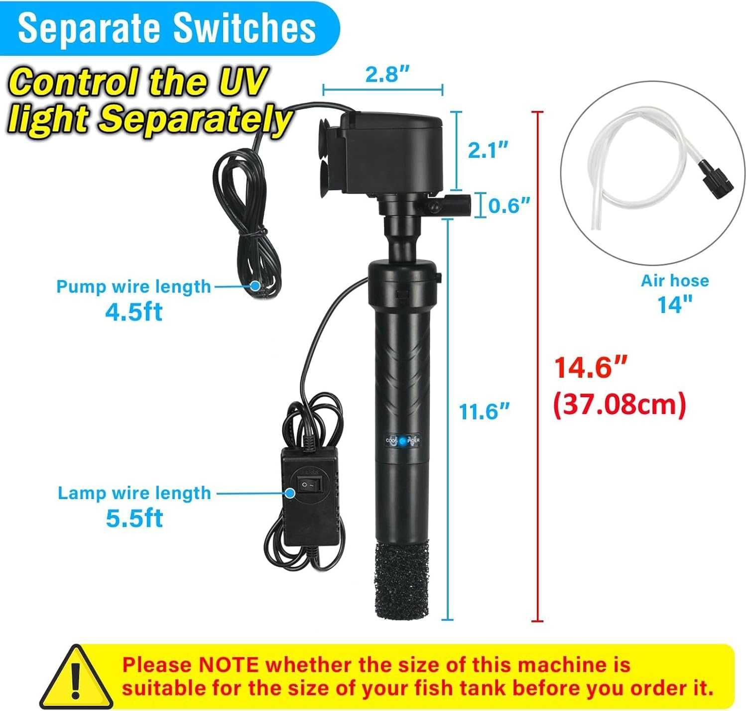 Pompă UV acvariu 5W, anti-alge, 1200L/h, pentru 150–380L