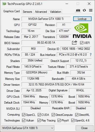 Видеокарта MSI GeForce GTX 1080 Ti GAMING X 11G