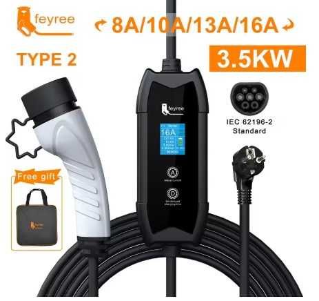 Преносимо зарядно feyree EV Type2 16A 3.5kW 5m  за електромобил
