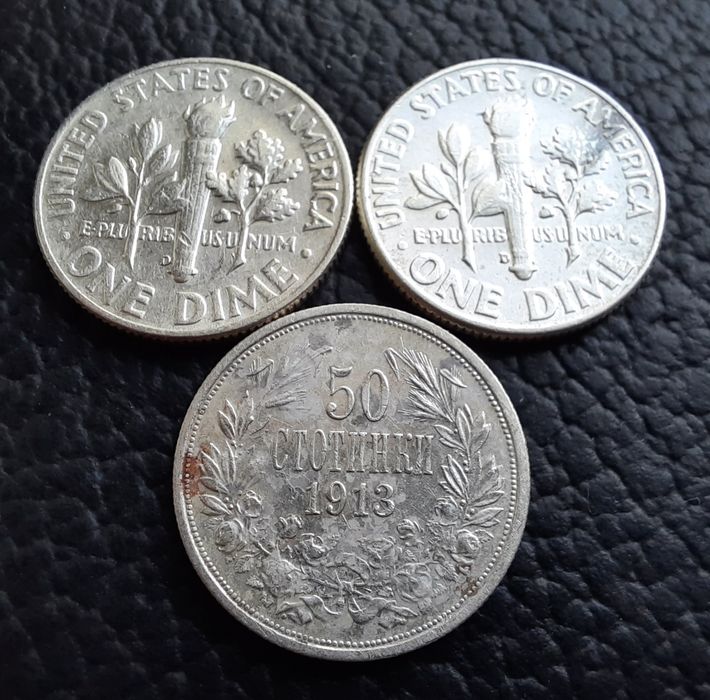 Стари сребърни монети даймове 1964 г.  САЩ  и 50 ст. 1913 г. БГ - топ