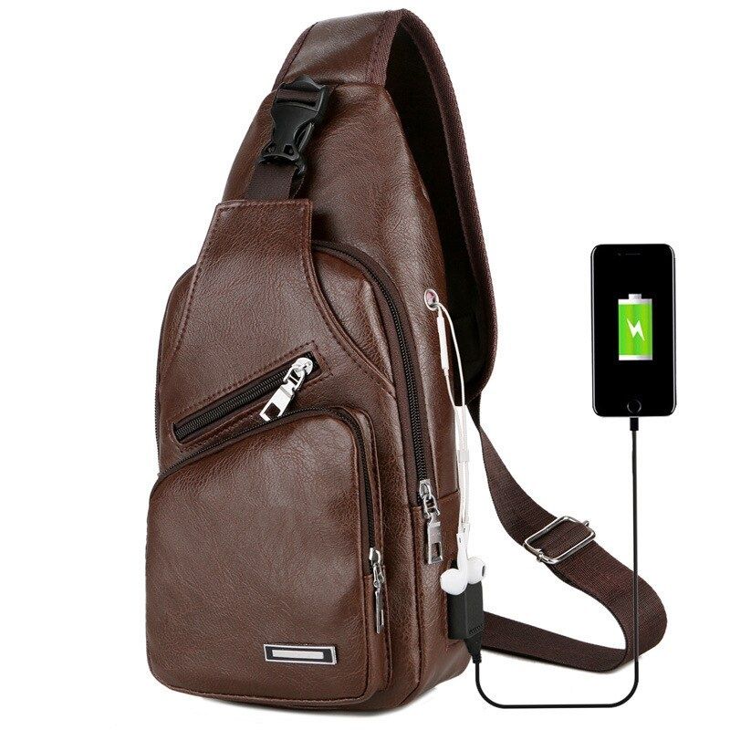 Ghiozdan borseta cu mufă și cablu USB incluse, negru&maro, antifurt