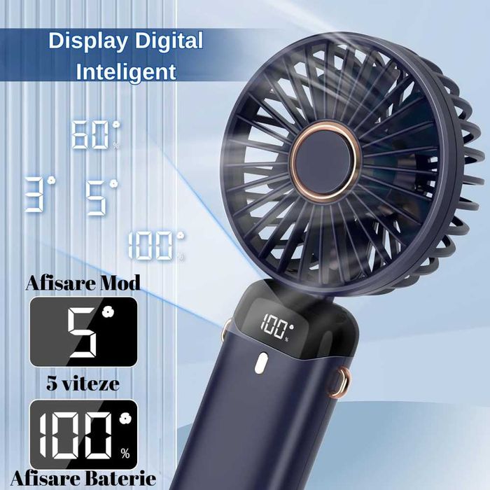 Ventilator Portabil LCD Acumulator 18650 12H  USB-C Suport Telefon
