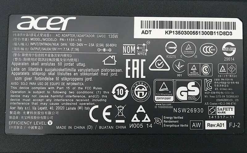 Incarcator laptop nou original Acer 135W 7.1A 19V 5.5X1.7 - Garantie