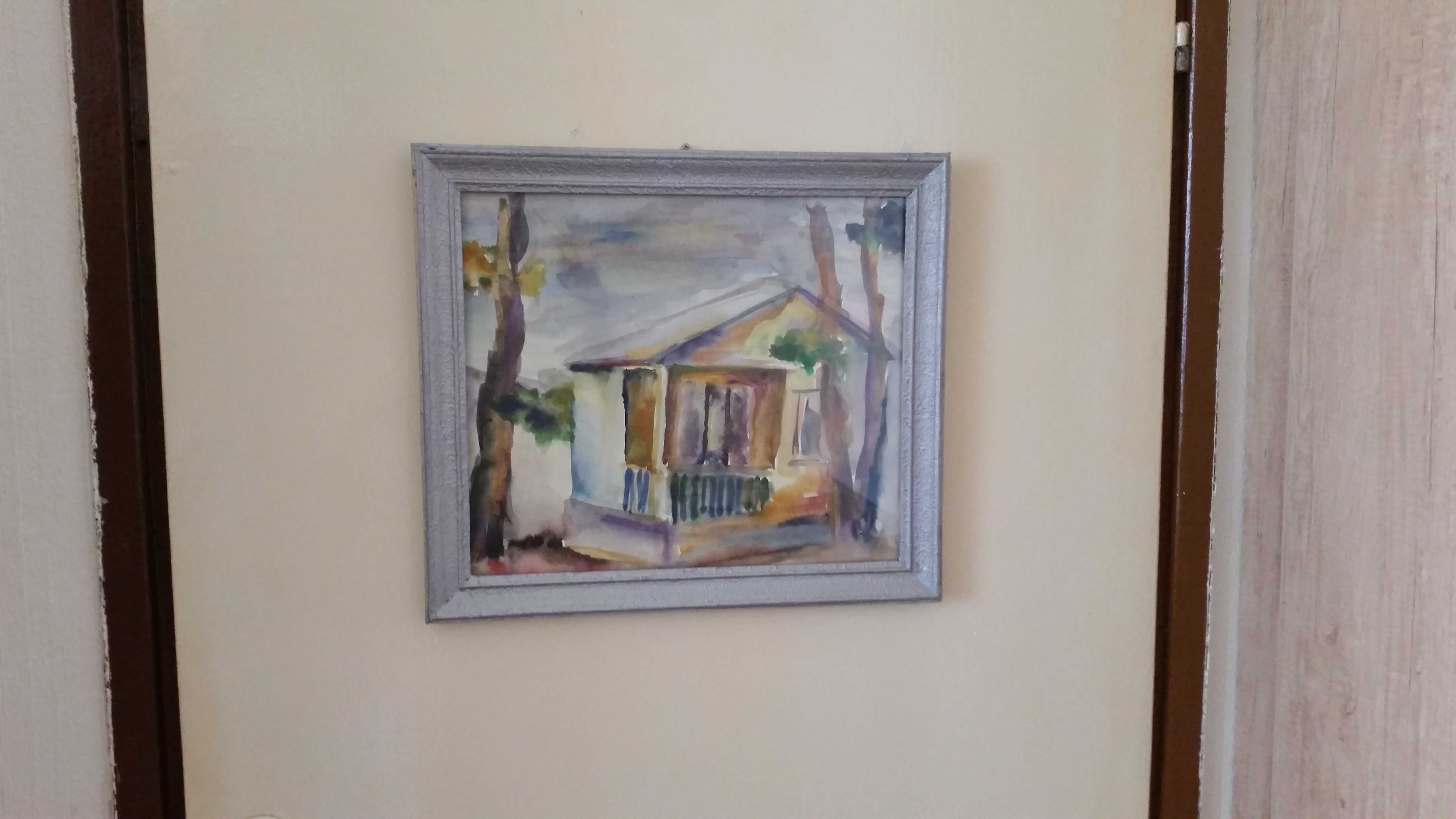 Къщичка в гората, рисувана с акварелни бои на ръка.