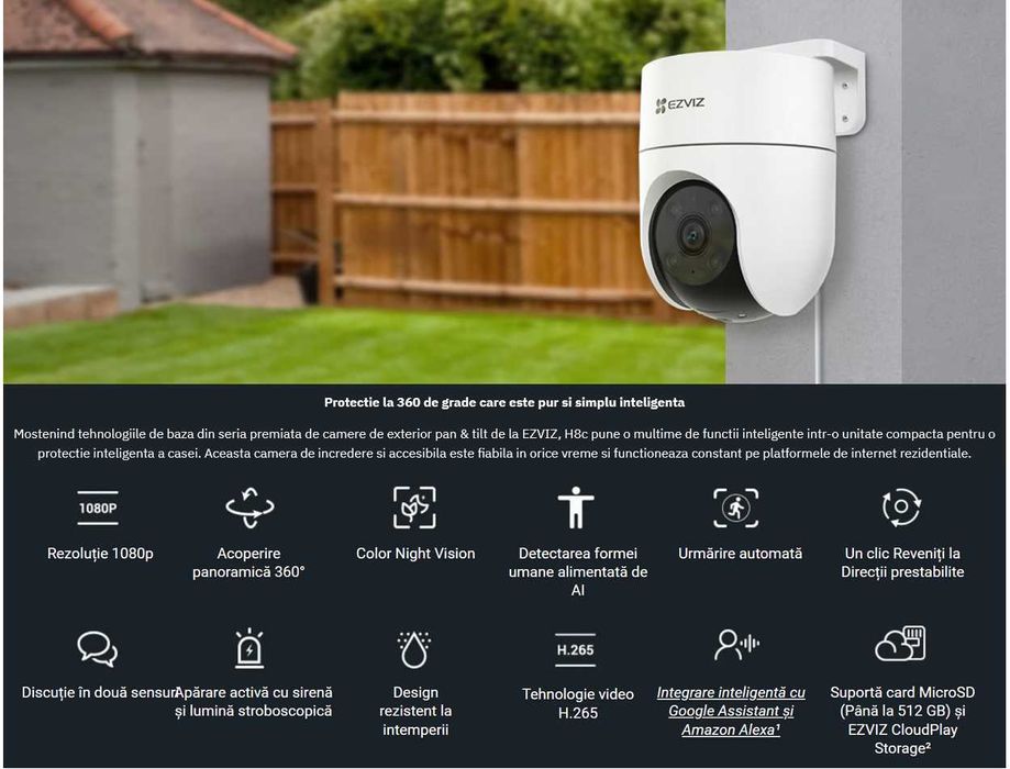 CameraIPEzviz de exteriorH8C,WI-Fi,Pan&Tilt,FullHD,MicroSD pana la512G