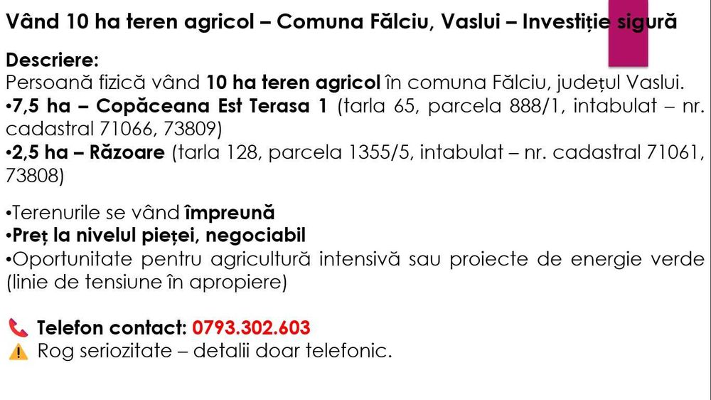 Teren agricol comuna Fălciu, jud. Vaslui