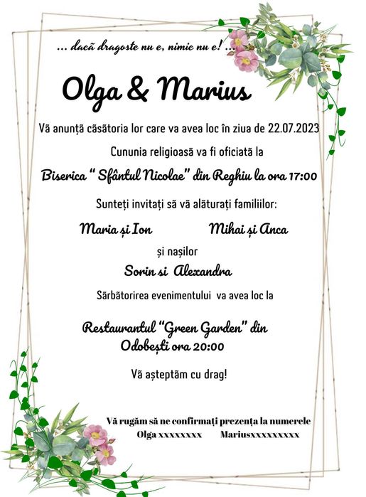 Invitatii nunta/botez/cununie civila/zile de nastere