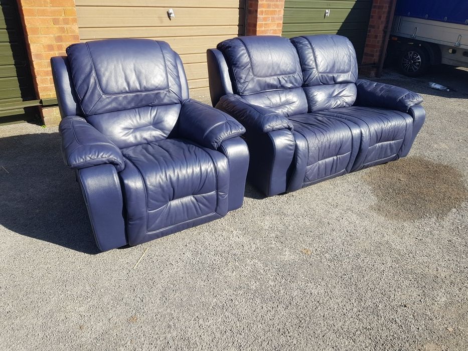Canapea piele albastru si fotoliu recliner