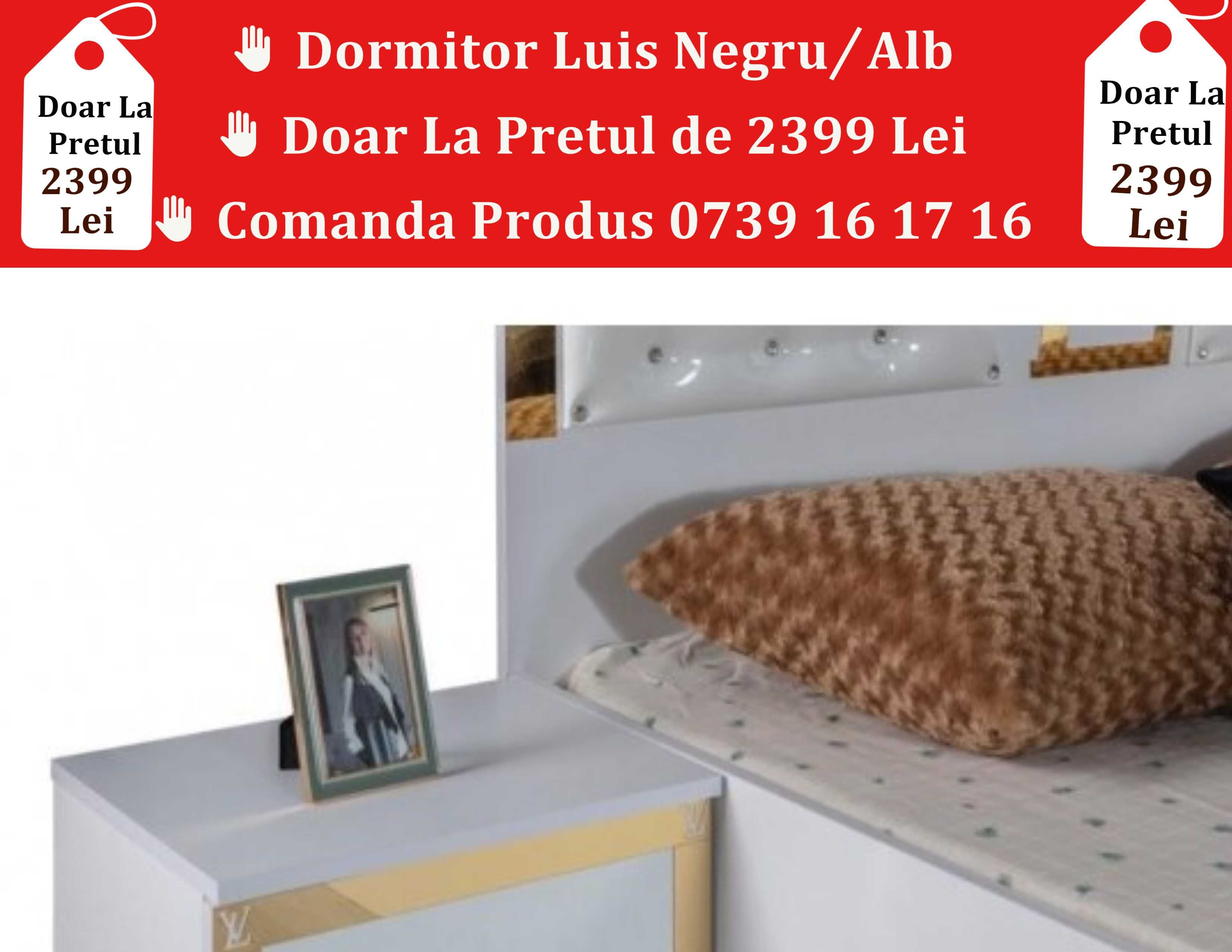 Dormitor Luis Alb Sau Negru  Pat  2 Noptiere  Dulap cu Oglinda COD 004