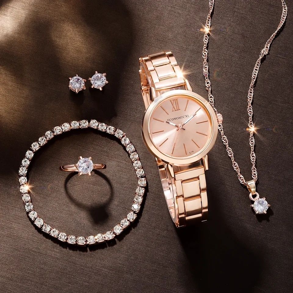 Set cadou damă: ceas Quartz+bijuterii. Inel, cercei, brățară, colier