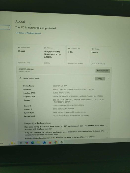 Laptop Acer predator gaming Intel i5-6300hqcpu 2.30ghz.12 GB RAM