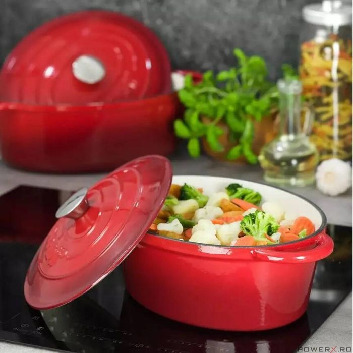 Oala din fonta emailata 4.5 litri, 30cm ovala, cratita cu capac, rosu,