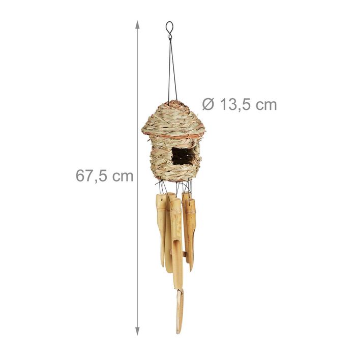 Clopot de vant cu casuta pentru pasari din bambus si paie 67 x 13 cm